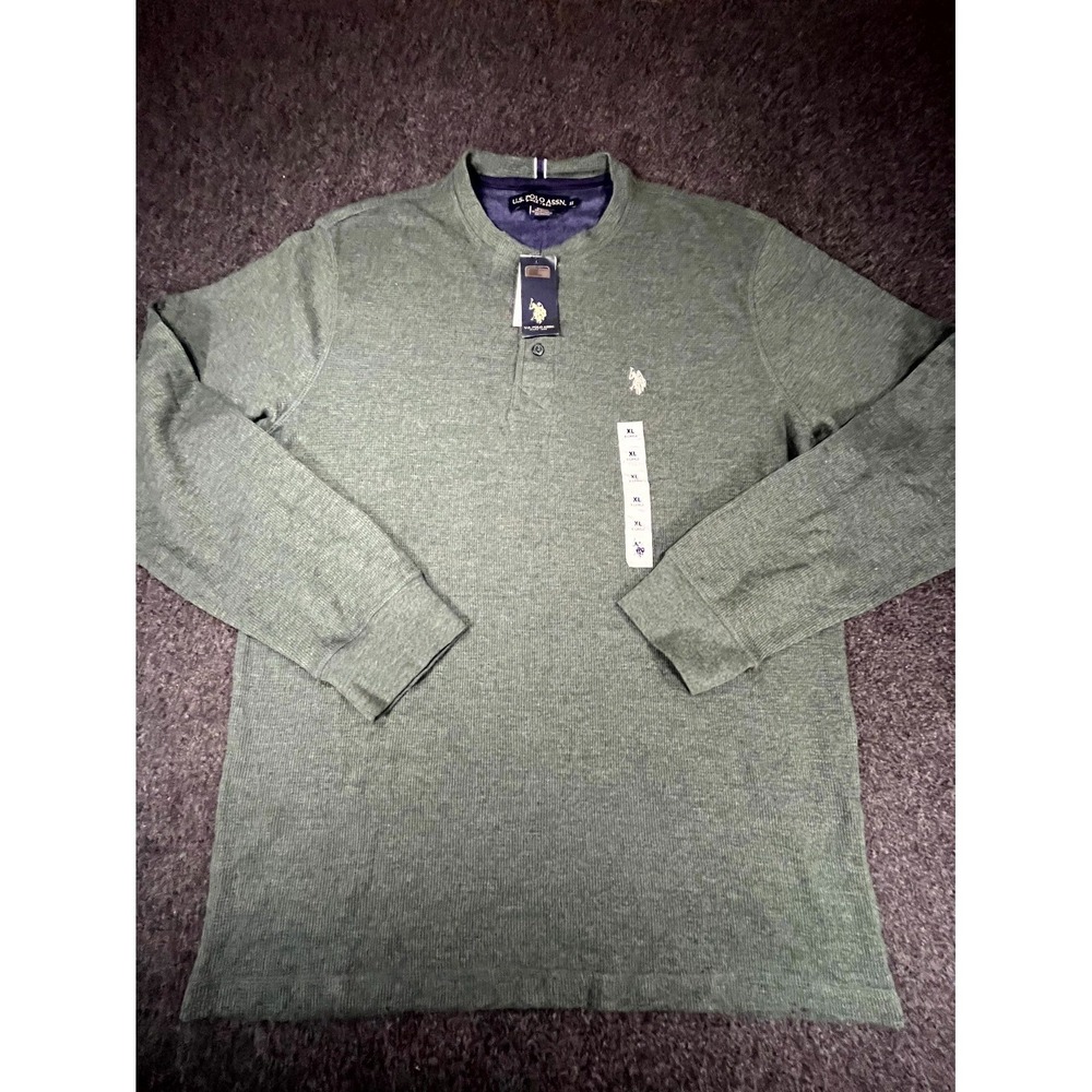 US Polo Assn Henley Shirt Mens XL Green Cotton‎ Logo Knit Long Sleeve Thermal